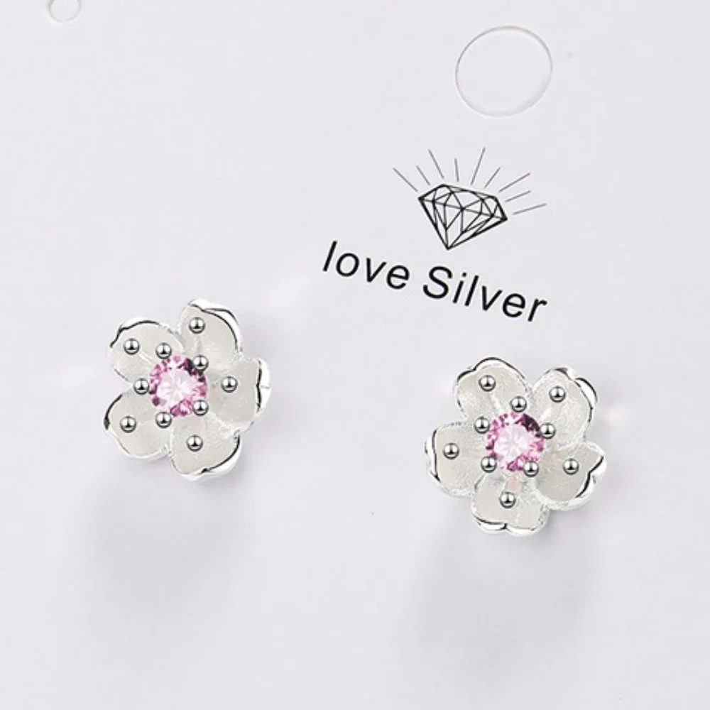 #NEW 925 Sterling Silver Diamond Cherry Blossom Stud Earrings - Picture 4 of 4